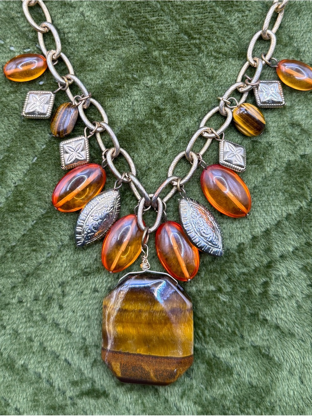 70s Large Natural Tiger's Eye and Amber Bead Statement Necklace w/ Gold Accents